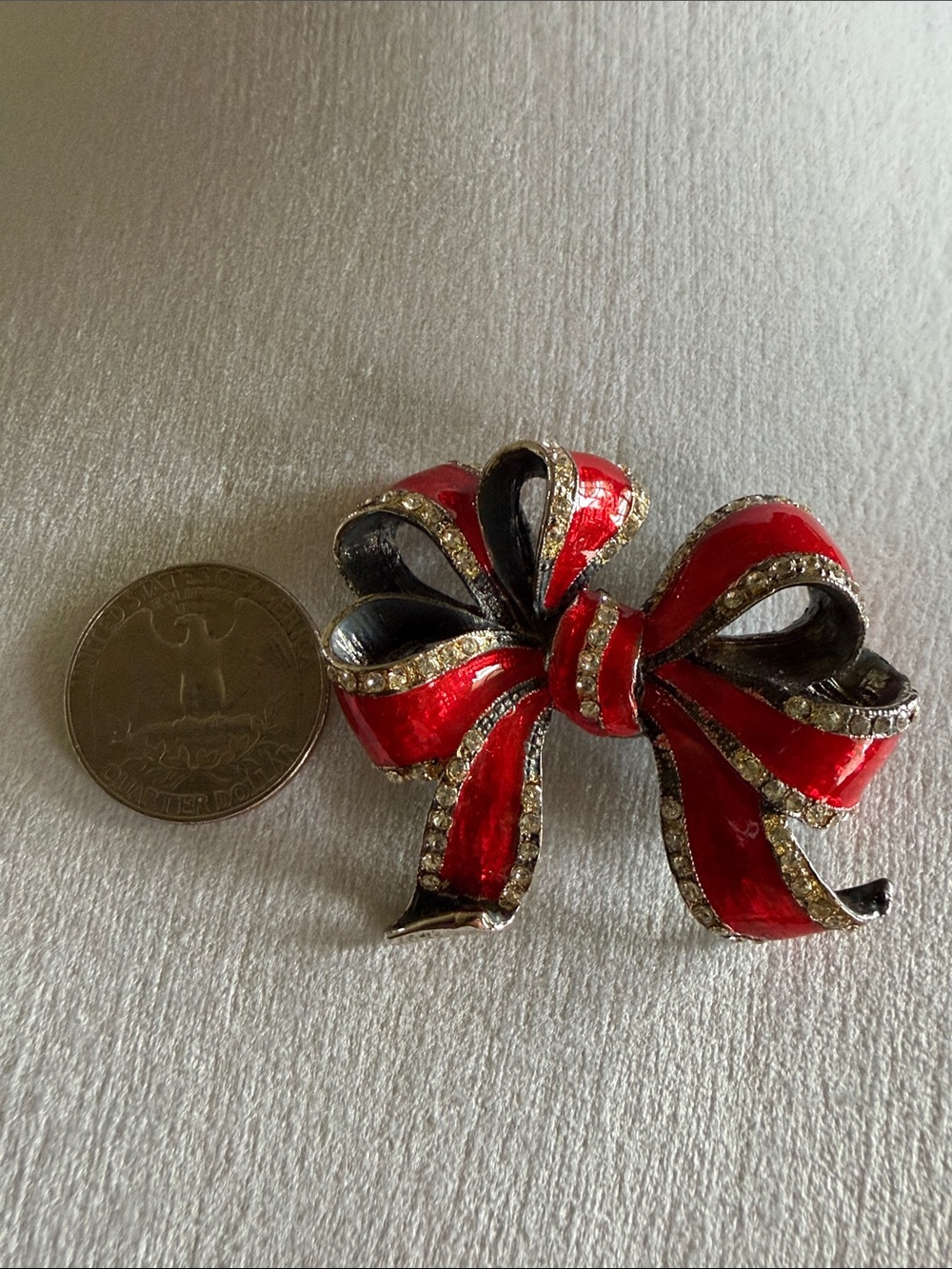 Source Unknown Red  Enamel Bow Brooch with Rhinestones